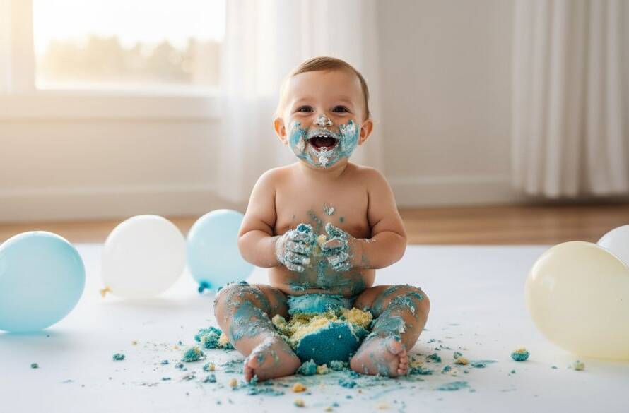 A close-up, heartwarming, wide-angle "epic moment" photograph of a joyous baby completely covered in colourful cake, giggling amidst pastel balloons and a custom-designed cake, with soft, golden sunlight streaming through a window suggesting a lovely Vermont home, capturing the pure fun of Vermont Victoria cake smash photography for first birthdays.