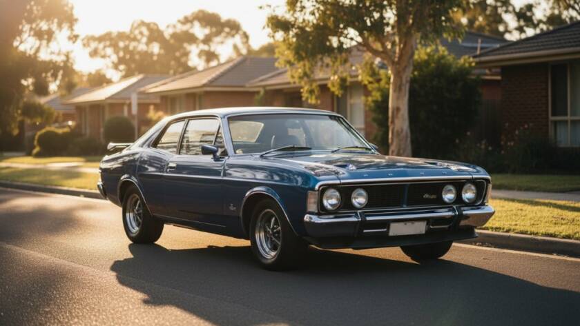 An epic moment captured in Vermont Victoria classic car photography: a gleaming, perfectly restored vintage Holden Monaro parked majestically at sunset, bathed in golden light near a leafy, suburban street. The car's polished chrome reflects the warm hues of the sky, with a subtle lens flare adding a cinematic touch. Professional automotive photography, high dynamic range, stunning detail.