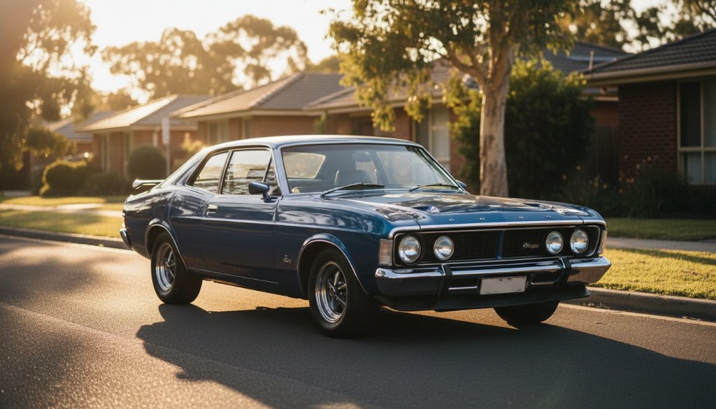 An epic moment captured in Vermont Victoria classic car photography: a gleaming, perfectly restored vintage Holden Monaro parked majestically at sunset, bathed in golden light near a leafy, suburban street. The car's polished chrome reflects the warm hues of the sky, with a subtle lens flare adding a cinematic touch. Professional automotive photography, high dynamic range, stunning detail.