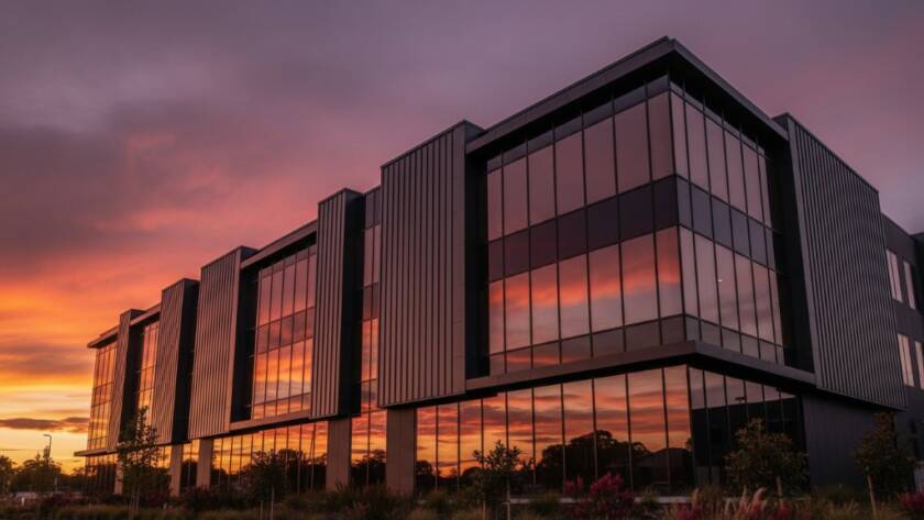A wide-angle, dramatic sunset photograph showcasing the striking angles and reflective glass of a modern commercial building in Vermont, Victoria. The scene highlights the dynamic interplay of light and shadow, emphasising the sleek design and professional quality of Vermont Victoria Contemporary Architecture Photography.