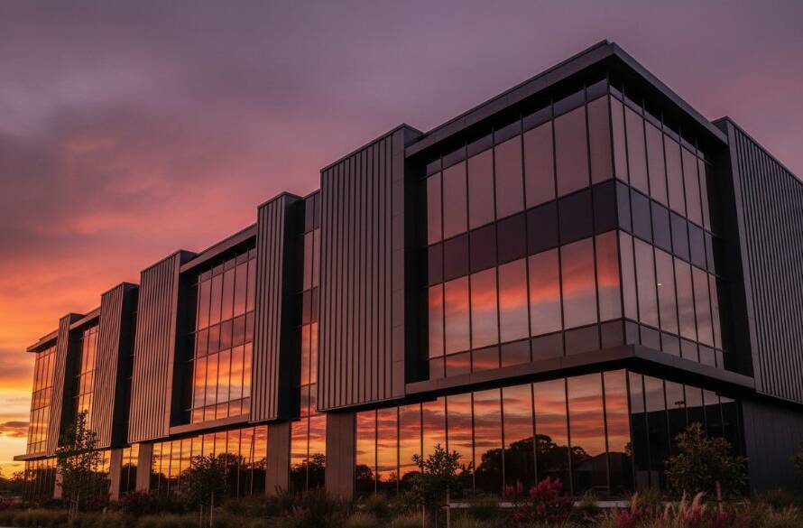 A wide-angle, dramatic sunset photograph showcasing the striking angles and reflective glass of a modern commercial building in Vermont, Victoria. The scene highlights the dynamic interplay of light and shadow, emphasising the sleek design and professional quality of Vermont Victoria Contemporary Architecture Photography.
