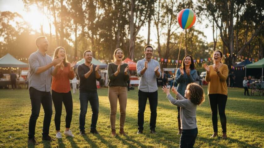 A candid wide-angle shot of a joyous celebration under fairy lights at a community hall in Vermont, Victoria, featuring the Vermont Victoria event photography authentic storytelling in action as guests laugh and interact, captured with dramatic, warm lighting and a shallow depth of field, evoking a sense of vibrant community and genuine connection.