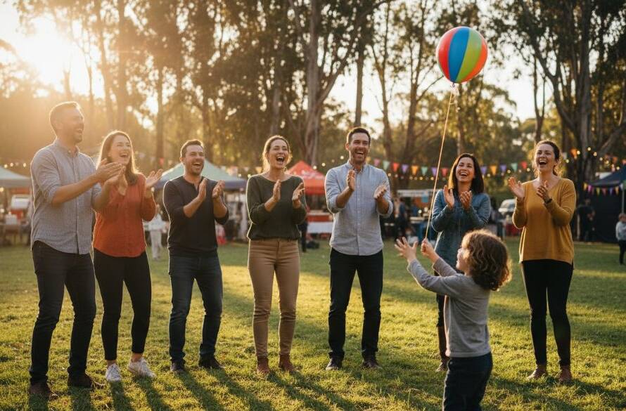 A candid wide-angle shot of a joyous celebration under fairy lights at a community hall in Vermont, Victoria, featuring the Vermont Victoria event photography authentic storytelling in action as guests laugh and interact, captured with dramatic, warm lighting and a shallow depth of field, evoking a sense of vibrant community and genuine connection.