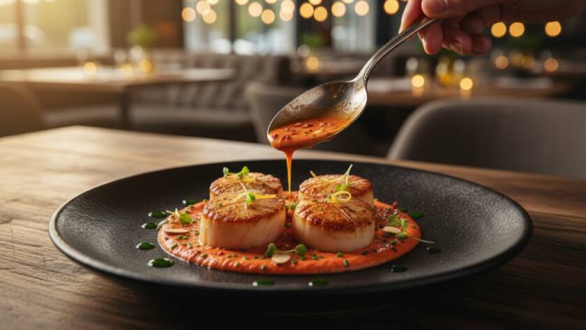 Dramatic close-up of a chef in a bustling Vermont Victoria restaurant kitchen, plating a dish with intricate detail, steam rising, illuminated by warm overhead lights, capturing the bespoke local flavours with a cinematic, professional food photography style.
