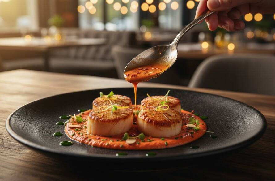 Dramatic close-up of a chef in a bustling Vermont Victoria restaurant kitchen, plating a dish with intricate detail, steam rising, illuminated by warm overhead lights, capturing the bespoke local flavours with a cinematic, professional food photography style.