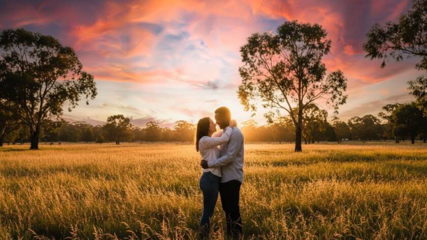 An epic moment of a joyful couple embracing during "Vermont Victoria Golden Hour Engagement Photography", with warm, dramatic sunlight silhouetting them against a lush, green park in Vermont, capturing their loving connection in a cinematic style.