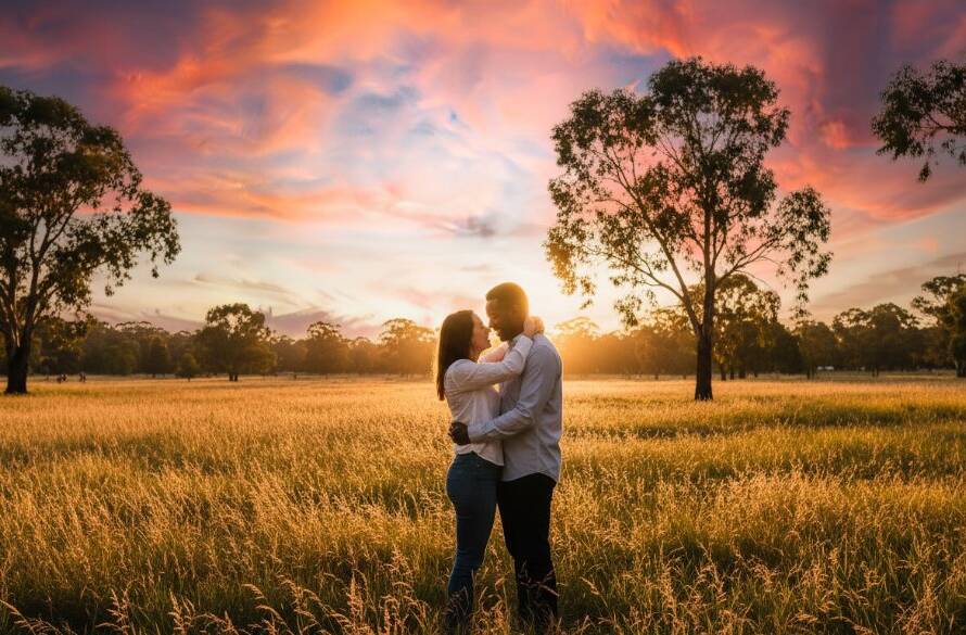 An epic moment of a joyful couple embracing during "Vermont Victoria Golden Hour Engagement Photography", with warm, dramatic sunlight silhouetting them against a lush, green park in Vermont, capturing their loving connection in a cinematic style.