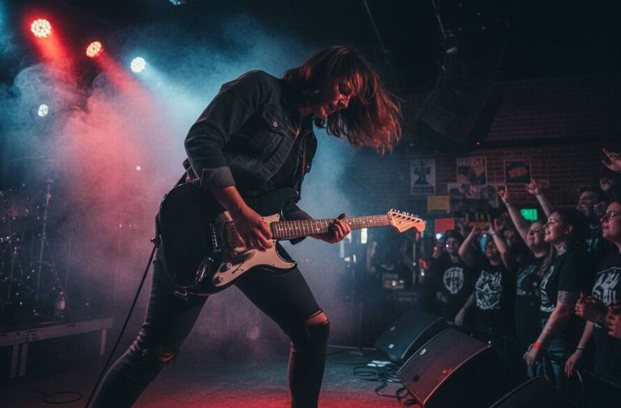 A dynamic, wide-angle shot by a Vermont Victoria Live Music Photography Specialist capturing a lead singer mid-scream, bathed in dramatic red and blue stage lights at a vibrant Vermont venue, audience hands raised in exhilaration, conveying the raw energy of a live concert.