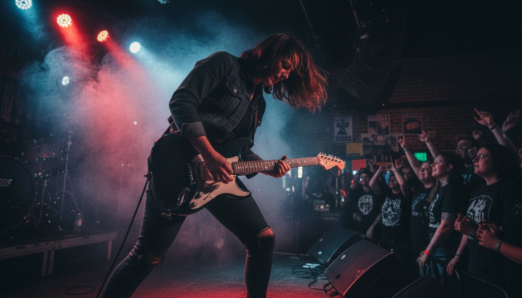 A dynamic, wide-angle shot by a Vermont Victoria Live Music Photography Specialist capturing a lead singer mid-scream, bathed in dramatic red and blue stage lights at a vibrant Vermont venue, audience hands raised in exhilaration, conveying the raw energy of a live concert.