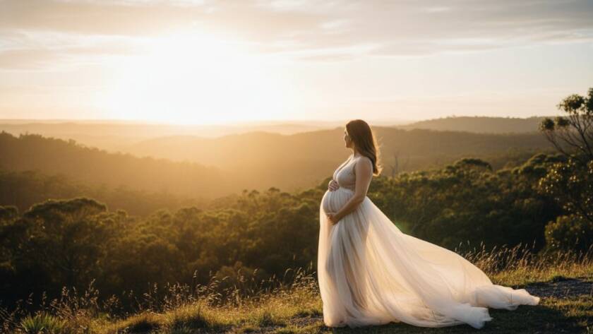 An epic wide-angle shot of an expectant mother, silhouetted by the golden hour sun setting over a peaceful tree-lined street in Vermont, Victoria, during her Vermont Victoria maternity photoshoot experience. She gently cradles her belly, bathed in warm, cinematic light, with a faint lens flare adding to the ethereal mood. The composition is dramatic, highlighting the serene beauty of motherhood against the Australian landscape.