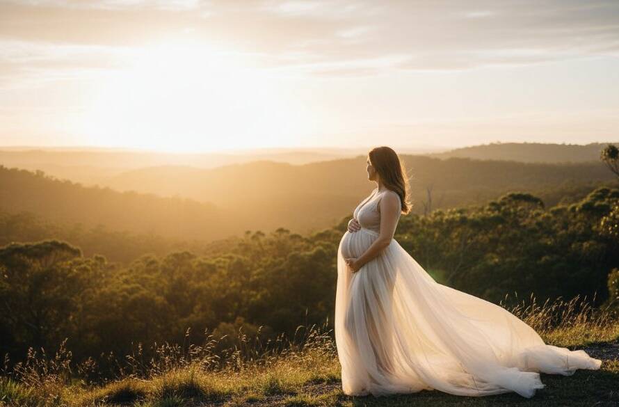 An epic wide-angle shot of an expectant mother, silhouetted by the golden hour sun setting over a peaceful tree-lined street in Vermont, Victoria, during her Vermont Victoria maternity photoshoot experience. She gently cradles her belly, bathed in warm, cinematic light, with a faint lens flare adding to the ethereal mood. The composition is dramatic, highlighting the serene beauty of motherhood against the Australian landscape.