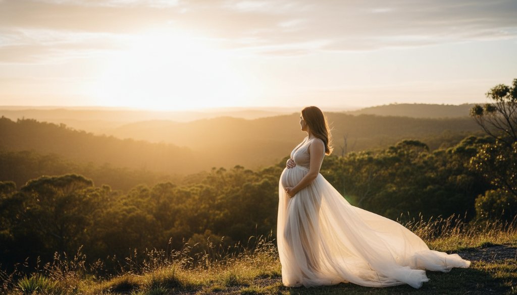 An epic wide-angle shot of an expectant mother, silhouetted by the golden hour sun setting over a peaceful tree-lined street in Vermont, Victoria, during her Vermont Victoria maternity photoshoot experience. She gently cradles her belly, bathed in warm, cinematic light, with a faint lens flare adding to the ethereal mood. The composition is dramatic, highlighting the serene beauty of motherhood against the Australian landscape.