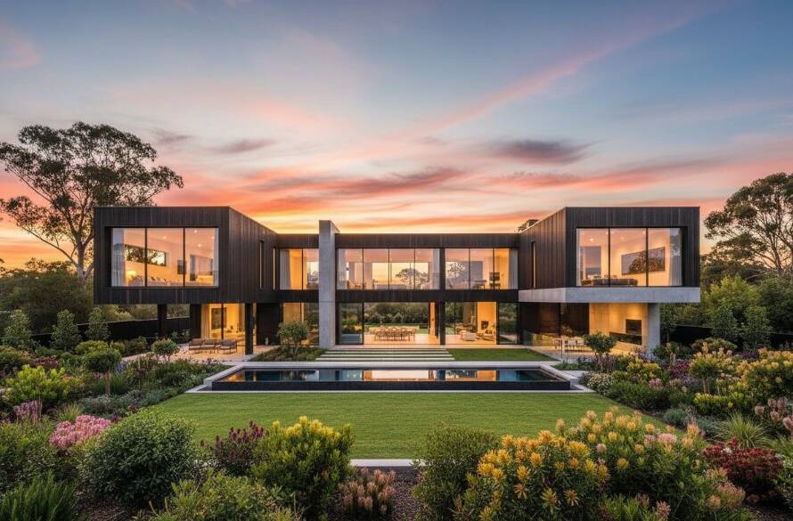 Panoramic view of a modern family home in Vermont, Victoria, at sunset, showcasing its spacious backyard and vibrant garden, professionally captured for Vermont Victoria real estate photography elevating property listings, with a warm, inviting glow.