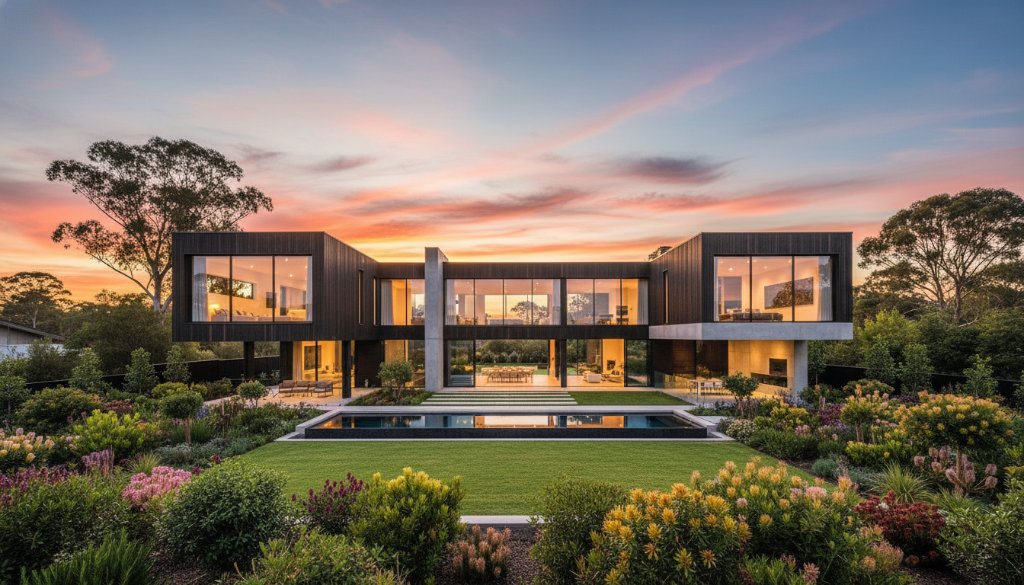 Panoramic view of a modern family home in Vermont, Victoria, at sunset, showcasing its spacious backyard and vibrant garden, professionally captured for Vermont Victoria real estate photography elevating property listings, with a warm, inviting glow.