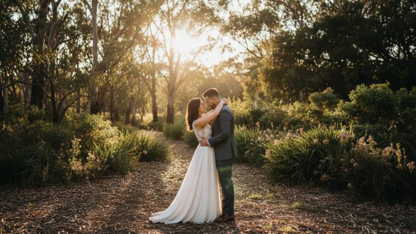 An 'epic moment' photograph capturing a couple sharing a tender embrace during their Vermont Victoria romantic pre-wedding photoshoot at sunset, with golden light filtering through native Australian trees.