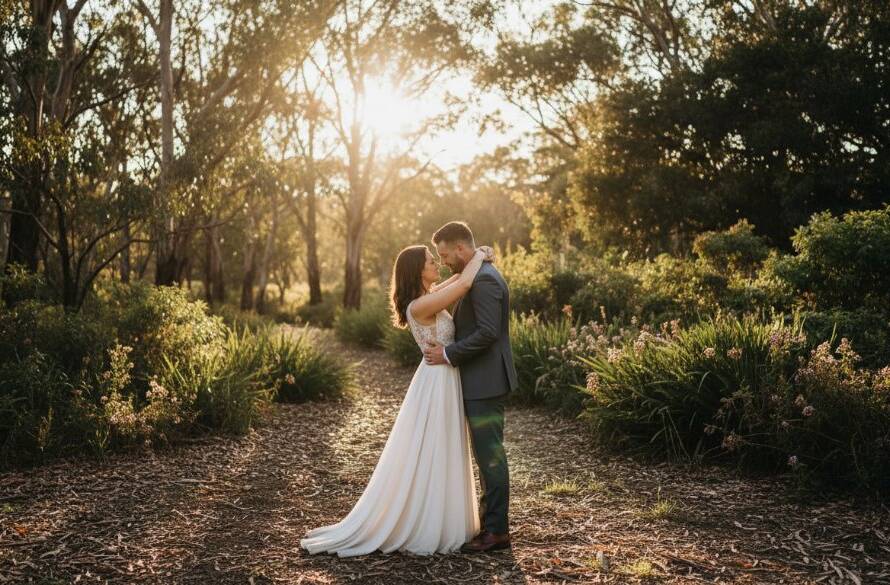 An 'epic moment' photograph capturing a couple sharing a tender embrace during their Vermont Victoria romantic pre-wedding photoshoot at sunset, with golden light filtering through native Australian trees.