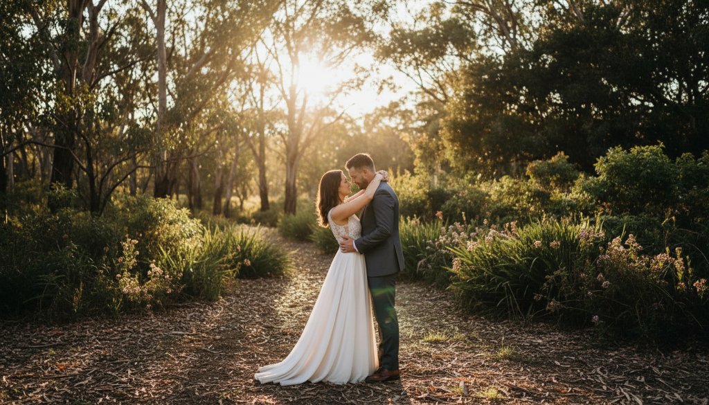 An 'epic moment' photograph capturing a couple sharing a tender embrace during their Vermont Victoria romantic pre-wedding photoshoot at sunset, with golden light filtering through native Australian trees.