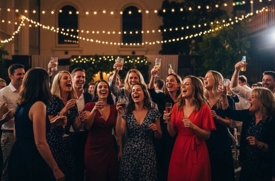 Dynamic wide shot capturing a vibrant Albion party photography Melbourne moment, featuring guests laughing and dancing under string lights, professionally lit, showing joy and excitement.