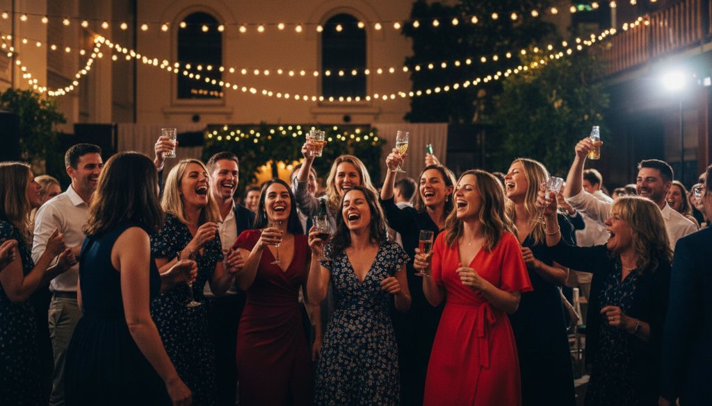Dynamic wide shot capturing a vibrant Albion party photography Melbourne moment, featuring guests laughing and dancing under string lights, professionally lit, showing joy and excitement.