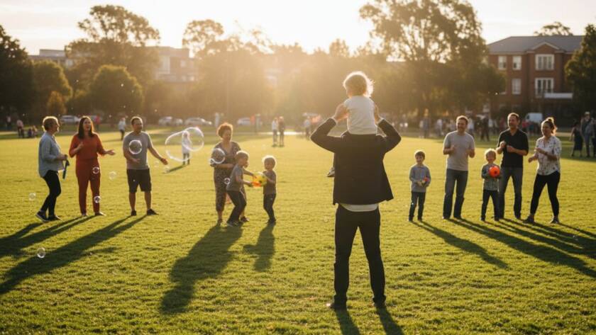 An epic moment of pure joy and laughter, perfectly captured by vibrant Altona North event photography for community celebrations, showing families gathered in a brightly lit park at sunset in Altona North, with children running and parents cheering, bathed in golden light, evoking a sense of warm community spirit.