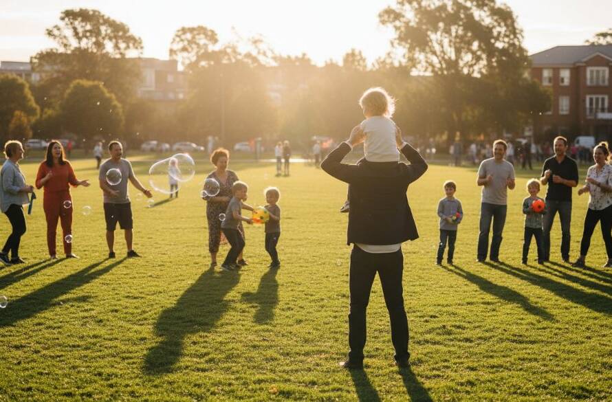 An epic moment of pure joy and laughter, perfectly captured by vibrant Altona North event photography for community celebrations, showing families gathered in a brightly lit park at sunset in Altona North, with children running and parents cheering, bathed in golden light, evoking a sense of warm community spirit.