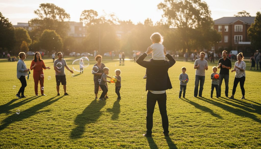 An epic moment of pure joy and laughter, perfectly captured by vibrant Altona North event photography for community celebrations, showing families gathered in a brightly lit park at sunset in Altona North, with children running and parents cheering, bathed in golden light, evoking a sense of warm community spirit.