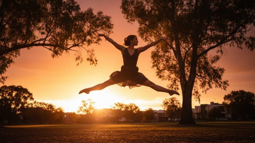A dramatic 'epic moment' photograph showcasing vibrant Ashburton dance photography capturing expressive movement, with a dancer in mid-air, bathed in golden hour light against a modern Ashburton architectural backdrop.