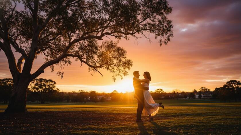 An enchanting, epic moment captured during a Vibrant Ashburton Pre-Wedding Photoshoot Victoria, showing a couple sharing a tender embrace under dappled light in a leafy Ashburton park, with dramatic backlighting and professional colour grading.