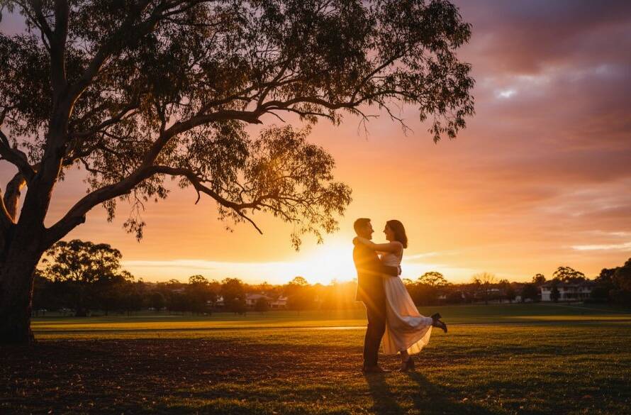An enchanting, epic moment captured during a Vibrant Ashburton Pre-Wedding Photoshoot Victoria, showing a couple sharing a tender embrace under dappled light in a leafy Ashburton park, with dramatic backlighting and professional colour grading.