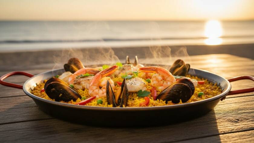 A dramatically lit, close-up shot of a perfectly plated dish with fresh, local ingredients, showcasing vibrant Aspendale coastal food photography for cafes, with the ocean subtly blurred in the background at sunset, capturing the essence of Aspendale's culinary scene.