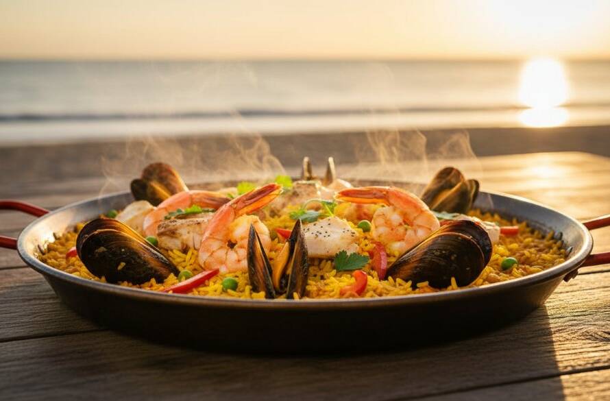 A dramatically lit, close-up shot of a perfectly plated dish with fresh, local ingredients, showcasing vibrant Aspendale coastal food photography for cafes, with the ocean subtly blurred in the background at sunset, capturing the essence of Aspendale's culinary scene.