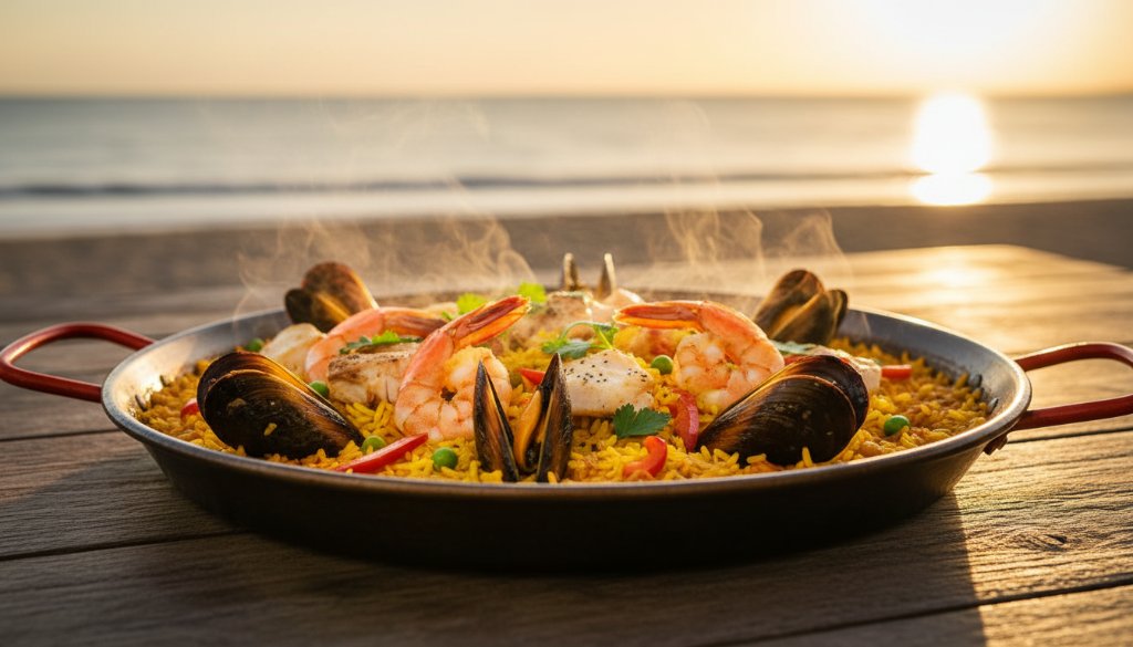 A dramatically lit, close-up shot of a perfectly plated dish with fresh, local ingredients, showcasing vibrant Aspendale coastal food photography for cafes, with the ocean subtly blurred in the background at sunset, capturing the essence of Aspendale's culinary scene.