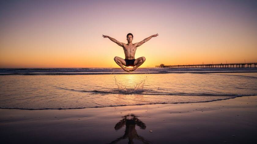 A male contemporary dancer in mid-air, performing an acrobatic leap against the vibrant Aspendale beach sunset, showcasing a powerful and dramatic moment of vibrant Aspendale dance photography moments.