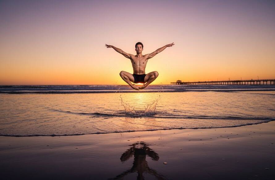 A male contemporary dancer in mid-air, performing an acrobatic leap against the vibrant Aspendale beach sunset, showcasing a powerful and dramatic moment of vibrant Aspendale dance photography moments.