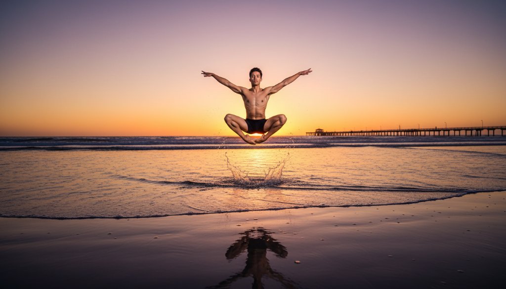 A male contemporary dancer in mid-air, performing an acrobatic leap against the vibrant Aspendale beach sunset, showcasing a powerful and dramatic moment of vibrant Aspendale dance photography moments.