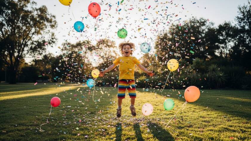 An ecstatic child laughing amidst colourful balloons and confetti, captured dramatically during vibrant Bayswater North kids birthday party photography, showcasing pure joy and energy.