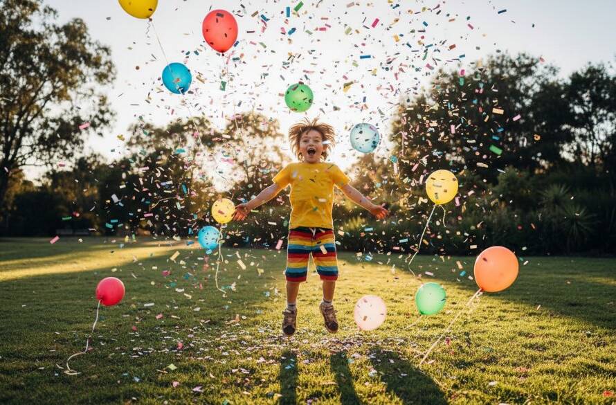 An ecstatic child laughing amidst colourful balloons and confetti, captured dramatically during vibrant Bayswater North kids birthday party photography, showcasing pure joy and energy.