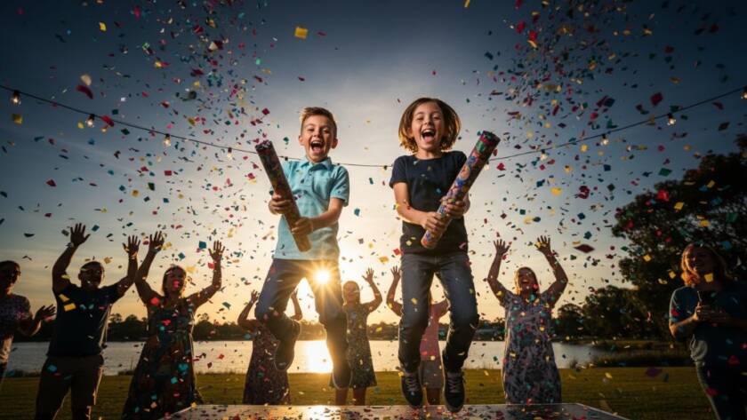 A candid, vibrant birthday party photography scene in Caroline Springs, showing guests laughing and dancing under string lights, captured at the peak of celebration with dramatic professional lighting.