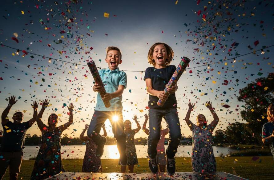 A candid, vibrant birthday party photography scene in Caroline Springs, showing guests laughing and dancing under string lights, captured at the peak of celebration with dramatic professional lighting.