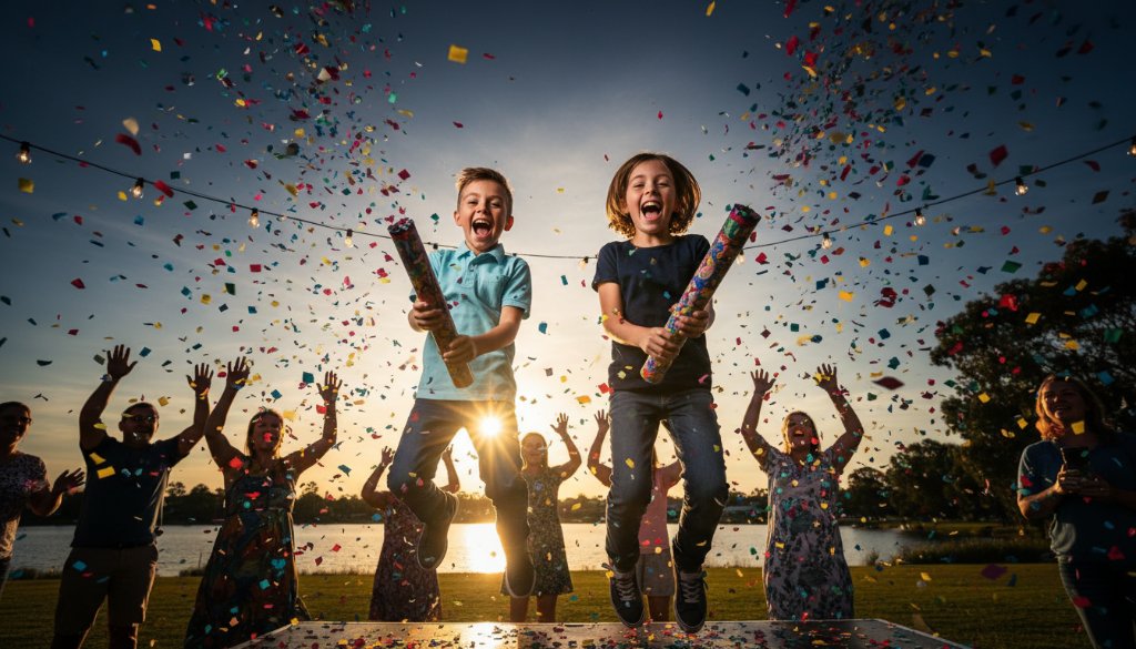 A candid, vibrant birthday party photography scene in Caroline Springs, showing guests laughing and dancing under string lights, captured at the peak of celebration with dramatic professional lighting.