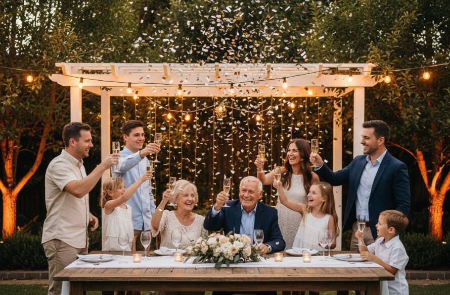 Vibrant Blackburn North party photography capturing an epic moment: a group of diverse guests laughing heartily and raising glasses in a beautifully decorated backyard in Blackburn North, bathed in warm, golden hour light, with bokeh fairy lights in the background.
