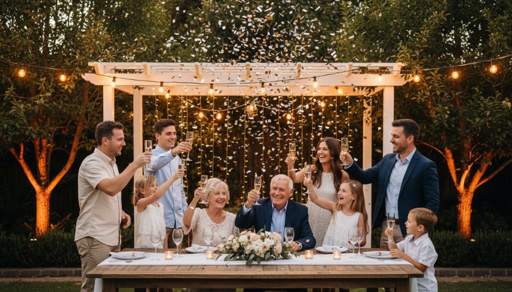 Vibrant Blackburn North party photography capturing an epic moment: a group of diverse guests laughing heartily and raising glasses in a beautifully decorated backyard in Blackburn North, bathed in warm, golden hour light, with bokeh fairy lights in the background.