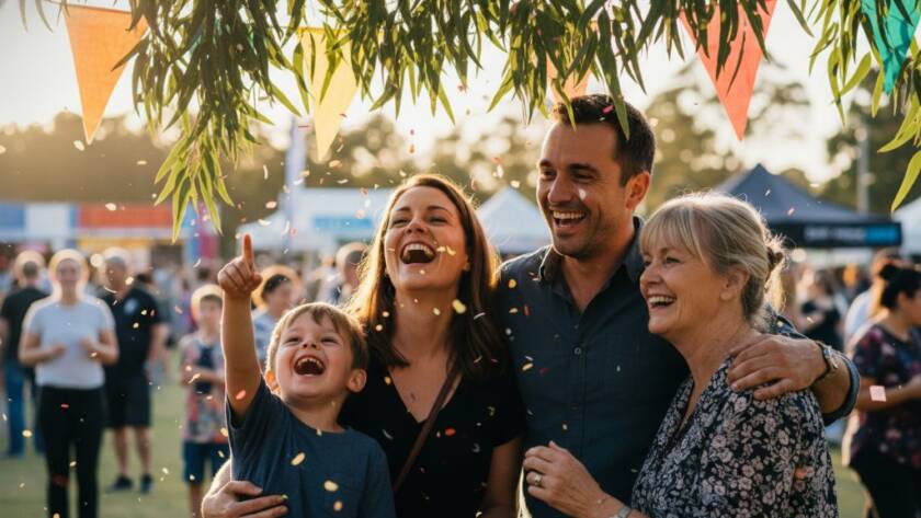 Close-up of guests laughing joyfully at an outdoor celebration in Boronia, Victoria, expertly captured with vibrant Boronia event photography storytelling Victoria, showcasing a genuine, candid epic moment with warm, golden hour lighting.