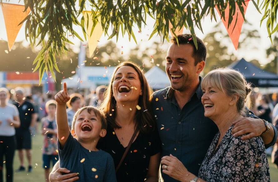Close-up of guests laughing joyfully at an outdoor celebration in Boronia, Victoria, expertly captured with vibrant Boronia event photography storytelling Victoria, showcasing a genuine, candid epic moment with warm, golden hour lighting.