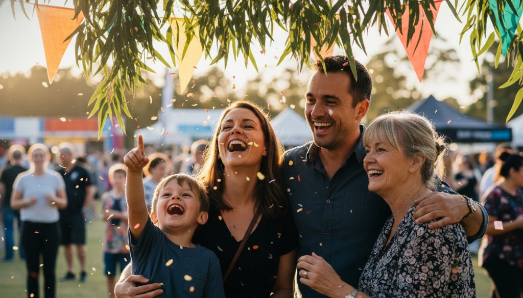 Close-up of guests laughing joyfully at an outdoor celebration in Boronia, Victoria, expertly captured with vibrant Boronia event photography storytelling Victoria, showcasing a genuine, candid epic moment with warm, golden hour lighting.