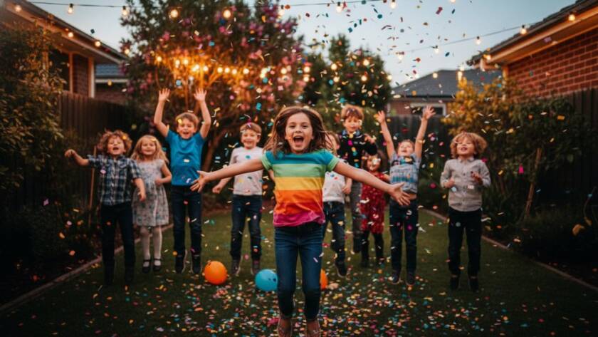 A wide shot capturing an epic moment of joy during vibrant Boronia party photography, with children laughing and confetti raining down in a beautifully lit Boronia backyard, professionally colour graded.