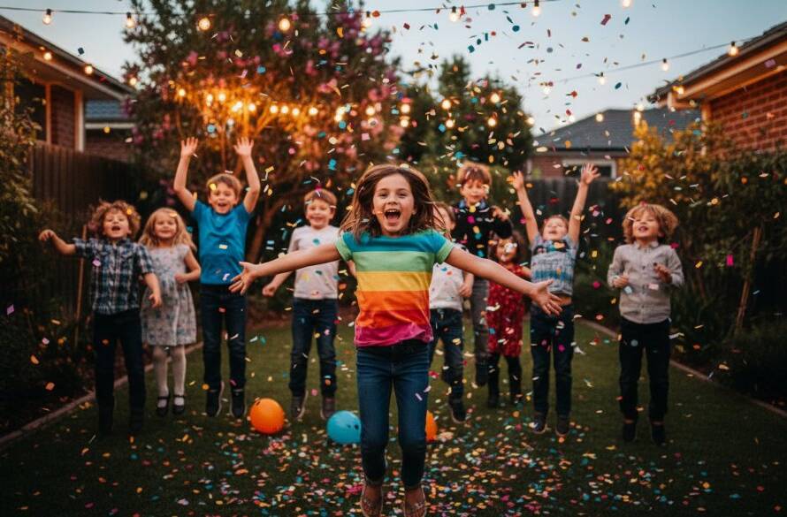A wide shot capturing an epic moment of joy during vibrant Boronia party photography, with children laughing and confetti raining down in a beautifully lit Boronia backyard, professionally colour graded.
