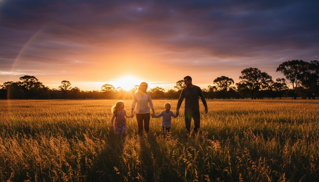 An emotionally resonant, wide-angle, vibrant Box Hill North family photography memories captured at sunset in a local park, showing parents laughing joyfully with their two young children, bathed in golden light, evoking a sense of warmth and connection. Professional color grading.