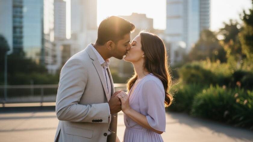 A couple shares a tender, dramatic kiss under soft golden hour light in a vibrant Box Hill pre-wedding photoshoot Melbourne, with modern architecture subtly blurred in the background, creating an epic moment.