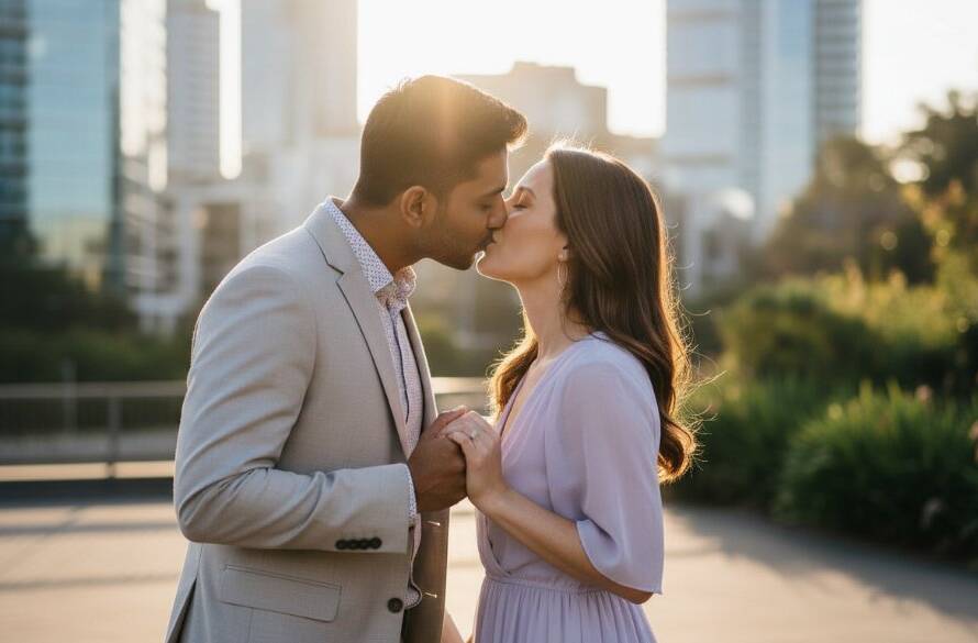 A couple shares a tender, dramatic kiss under soft golden hour light in a vibrant Box Hill pre-wedding photoshoot Melbourne, with modern architecture subtly blurred in the background, creating an epic moment.